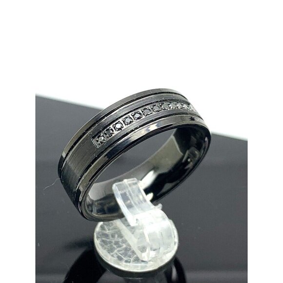 Men's Wedding Band Tungsten Black Gemstones 8mm Wide Ring Size 8.5 - Picture 3 of 15